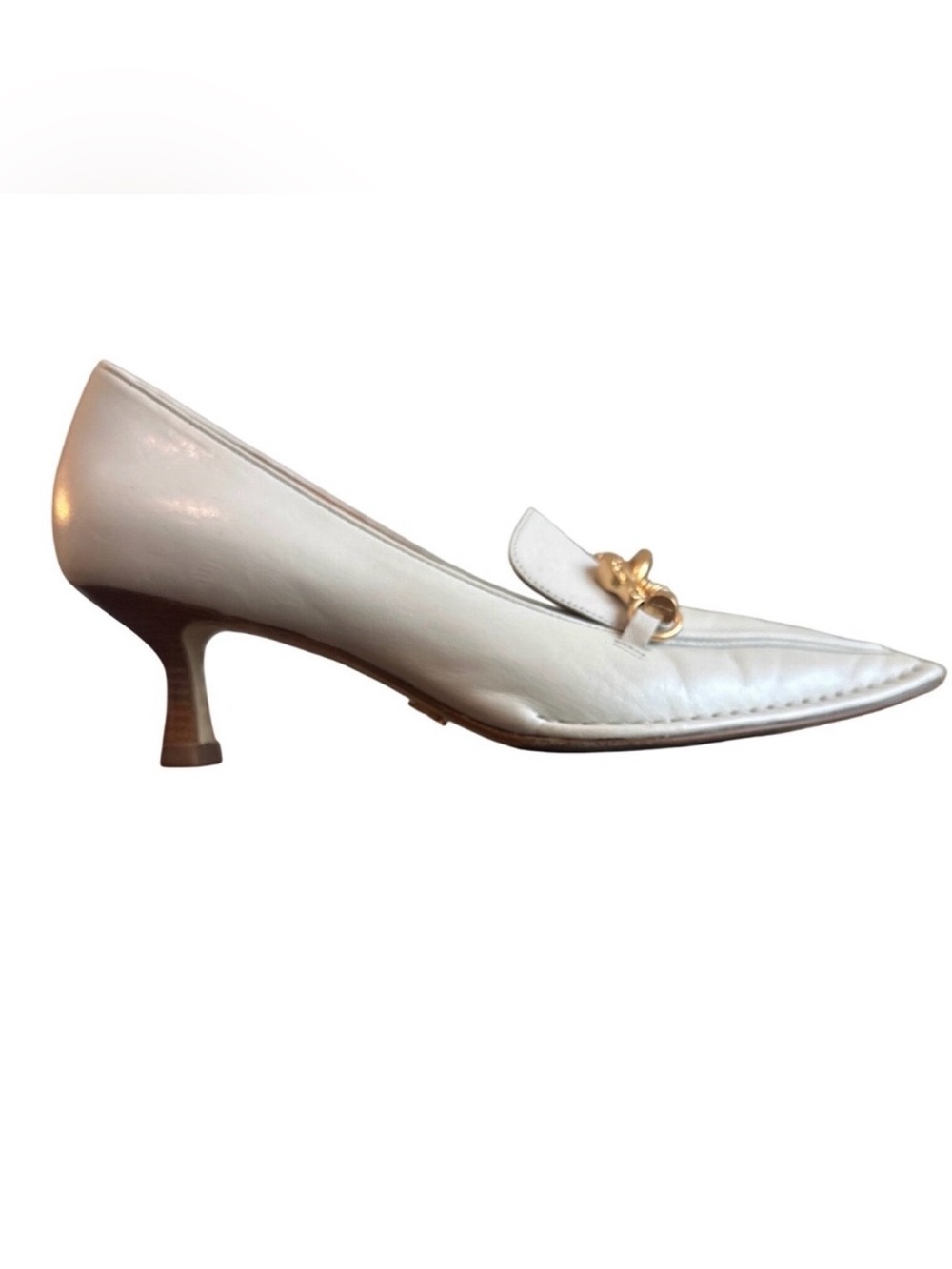 Tory Burch Jessa Horsehead Pointed Toe Kitten Heel Loafer Pump White 7.5